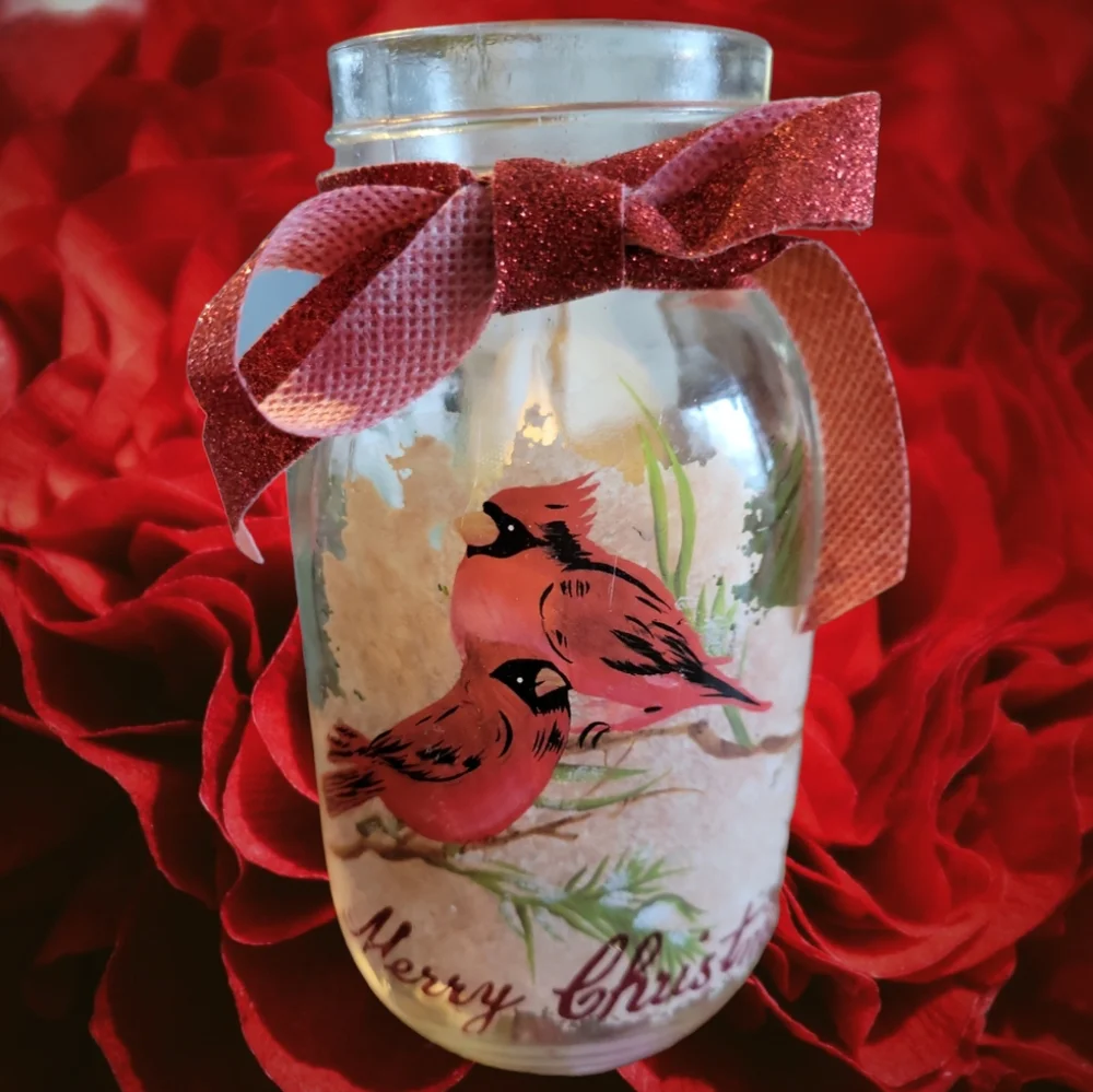 HP😊 Vtg Frosted Mason Jar Battery Night Light Cardinal Birds Merry Christmas